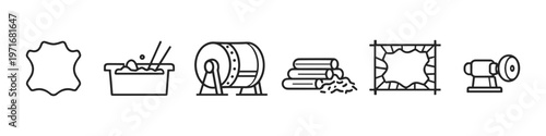 Leather production process icons showing raw materials and machinery