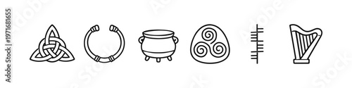 Collection of ancient Celtic symbols and artifacts in a simple line art style