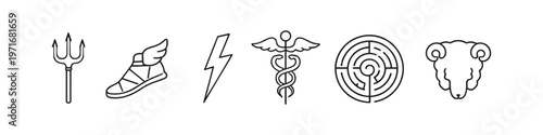 Collection of Greek mythology symbols including trident, winged shoe, lightning bolt, and maze
