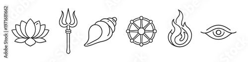 Collection of sacred symbols including lotus, trident, conch, dharma wheel, flame, and eye