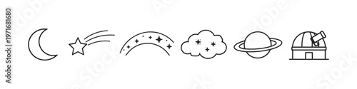 Collection of simple line art icons representing celestial bodies and astronomy