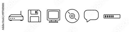 Collection of retro and modern technology icons representing data storage and communication