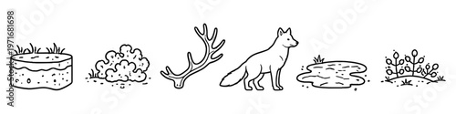 Collection of hand-drawn elements depicting nature and wildlife scenes