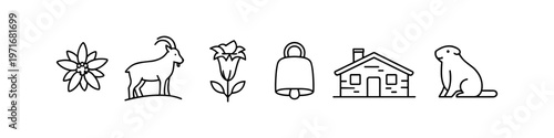 Collection of iconic Swiss alpine symbols in a simple line art style
