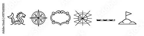 Nautical icons including sea monster, compass rose, cartouche, and map elements
