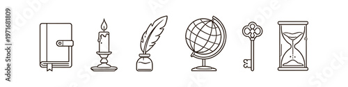 Collection of vintage writing and timekeeping icons with a globe and key