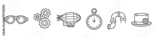 Collection of steampunk icons: goggles, gears, airship, pocket watch, pipe, and hat