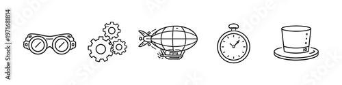 Steampunk icons: goggles, gears, airship, pocket watch, and top hat