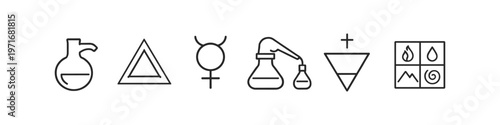 Collection of alchemical and elemental symbols in a minimalist line art style