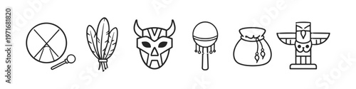 Collection of indigenous cultural symbols and artifacts in a simple line art style