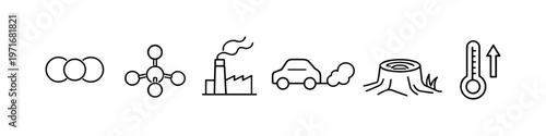 Icons representing causes and effects of climate change and pollution