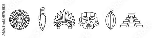 Collection of ancient Mesoamerican cultural symbols and artifacts in line art style