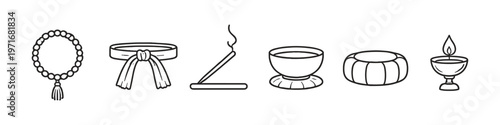 Collection of Buddhist ritual objects and symbols in a line drawing style