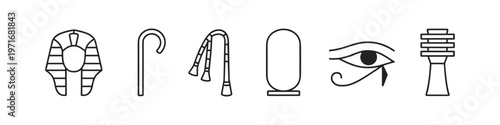 Ancient Egyptian symbols including pharaoh's headdress, crook, flail, cartouche, and eye of Horus