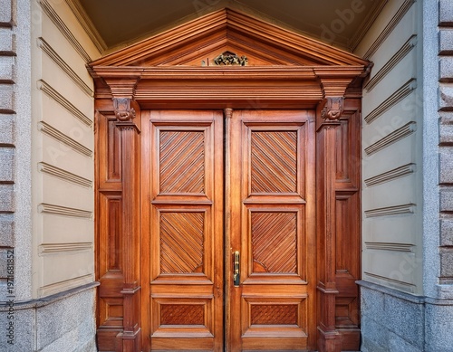 warm wooden doors with geometric pattern classic city entrance