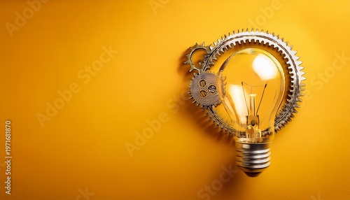 light bulb and gears on yellow background concept of ideas and creativity