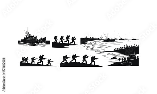 Silhouette series of soldiers in amphibious assault and beach landing operations