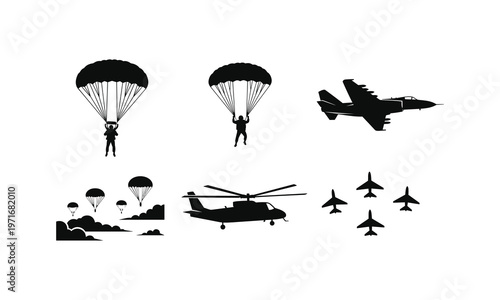 Military operations featuring airborne troops, helicopters, and fighter jets in action