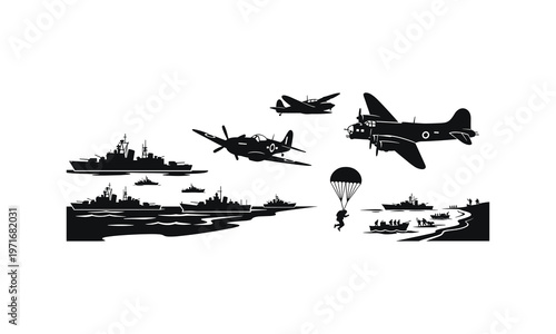 Historical military scene featuring naval and airborne operations during wartime