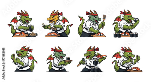 Dragon chef preparing sushi set on white background
