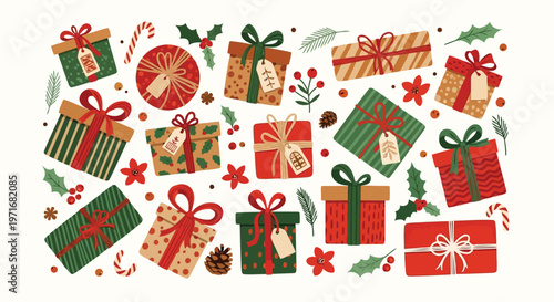 Colorful assortment of festive gift wraps and holiday decorations in vibrant colors