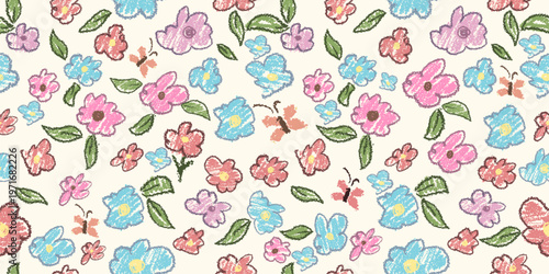 Seamless pattern simple pastel flowers children's drawing with crayons. Hand drawn. Not AI, vector illustration.