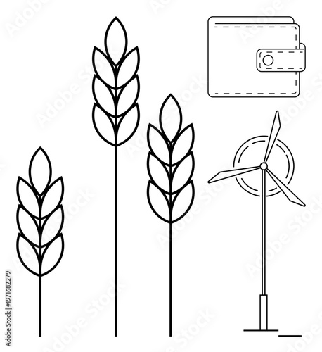 Sustainability, renewable energy resources, eco-economy, agriculture, clean energy, organic farming. Three wheat stalks, wallet and wind turbine . Sustainability and renewable energy resources