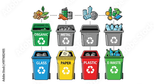 Color-coded bins for recycling different types of waste materials