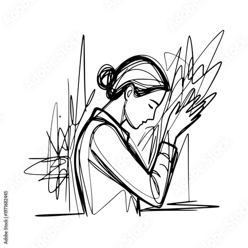 Sad woman shown in expressive line art, portrayed on white background, symbolizing stress and emotional burnout