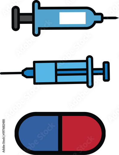 Syringe and Capsule Iconographic Representation of Medical Care and Pharmaceutical Products, Symbolizing Global Health Initiatives on World Health Day