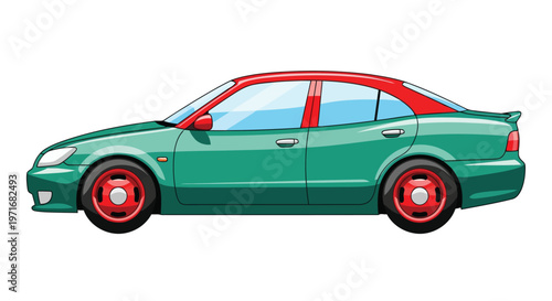 Vibrant green and red roof sedan with stylish red rims and tinted windows