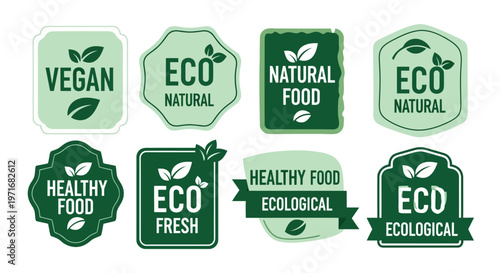 Collection of eco-friendly and healthy food labels featuring vegan and natural themes