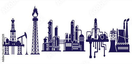 An illustration of various industrial facilities and machinery used for oil and gas production