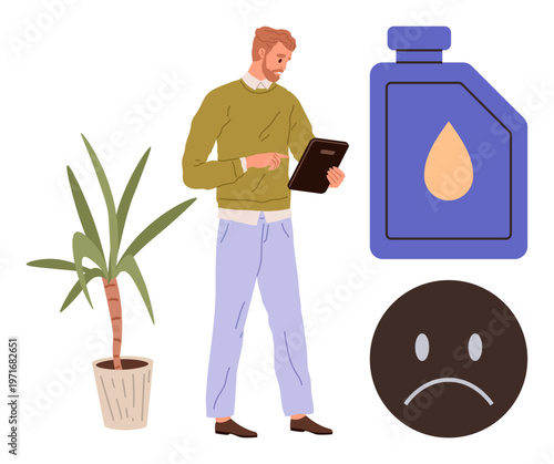 Environmental issues, pollution impact, technology usage, eco-awareness, sustainability challenges, oil dependency. Man holding tablet near oil container and sad face icon. Environmental issues