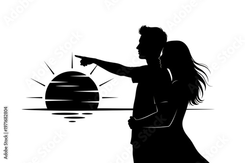 Silhouetted Embrace: A tender moment of togetherness at sunset, where two figures stand side-by-side, one pointing towards the horizon as the sun dips below.