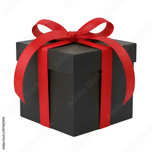 Black gift box with red ribbon on transparent background. png