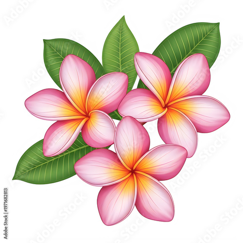 Three pink plumeria flowers with green leaves on transparent background. png