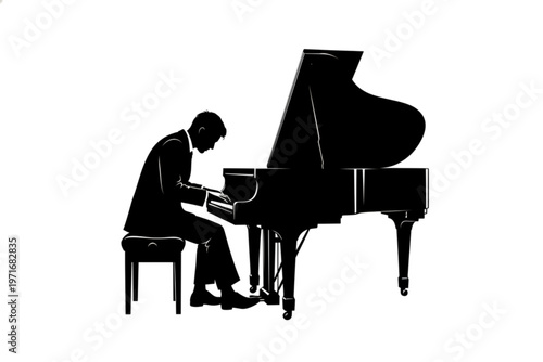 Harmony in Silhouette: A lone pianist, enveloped in a symphony of shadows, pours his soul into the ivory keys of a grand piano, filling the space with melody.