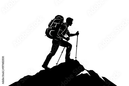Ascending Summit: A silhouetted figure fearlessly conquers a mountain's peak, embodying the spirit of adventure and the pursuit of a higher calling. 