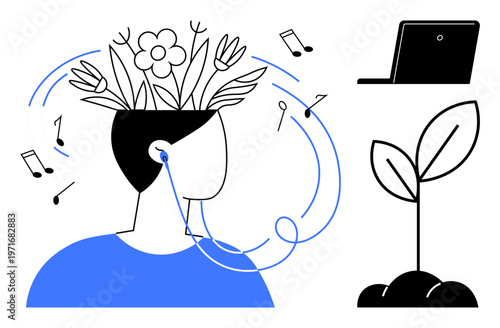 Mental health, personal growth, mindfulness, creativity, music therapy, technology inclusion. Person with plants growing from their head, listening to music. Mental health and personal growth concept