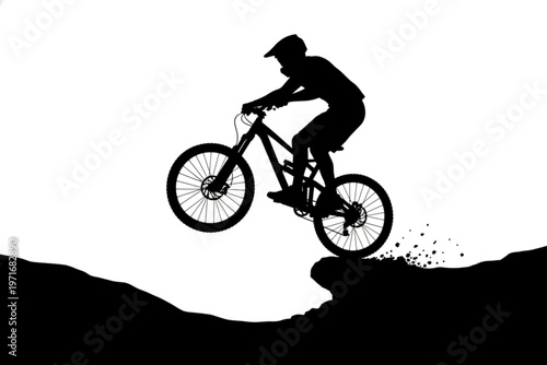 Silhouette of Adventure: A daring silhouette fearlessly rides a mountain bike off a cliff edge, embodying the spirit of adrenaline and the thrill of the ride.
