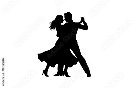 Silhouette of Dancing Couple: An intimate silhouette of a couple engaged in an elegant dance, expressing grace and harmony, set against a classic backdrop, evokes a feeling of romance and passion.