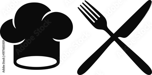 Chef hat and crossed knife and fork toque cooking