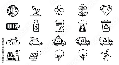 Illustrations of various symbols representing sustainability and eco-friendly concepts