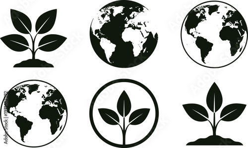 Earth and Plant Growth Icons Set globe seedling