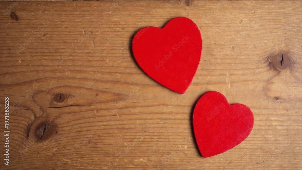 Fototapeta premium Red hearts rest on warm wooden surface