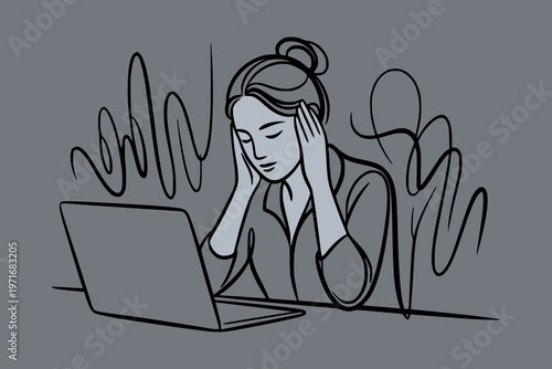 A woman holding her head at a laptop in simple line art on gray background, concept of stress and daily overload. Concept of burnout and mental problems