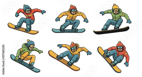Snowboarders vector illustration set against white background