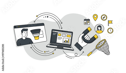 Digital marketing funnel concept with lead generation and customer acquisition tools