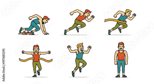 Runner in motion series depicting sprint stages and victory